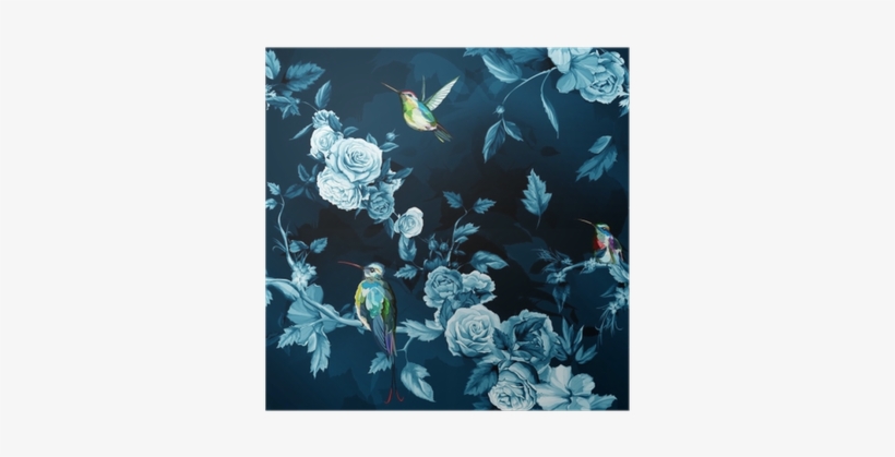 Humming Bird, Roses, Peony With Leaves On Dark Blue - Hip Dekbedovertrek Chachou Katoensatijn 140 X 220 Cm, transparent png download