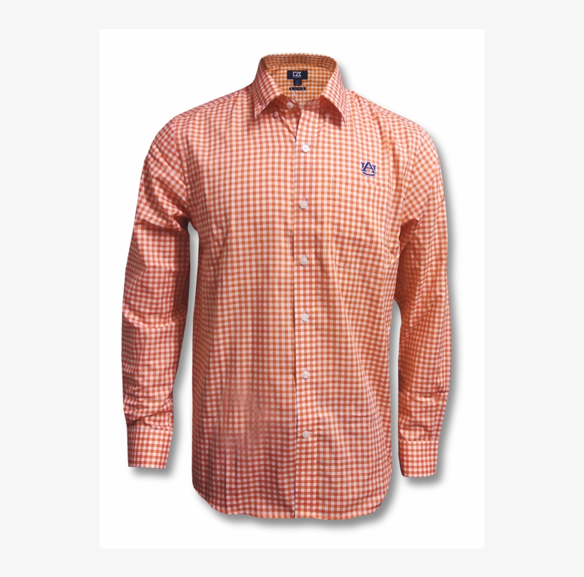 Orange Gingham Button Down With Embroidered Au - Dress Shirt, transparent png download