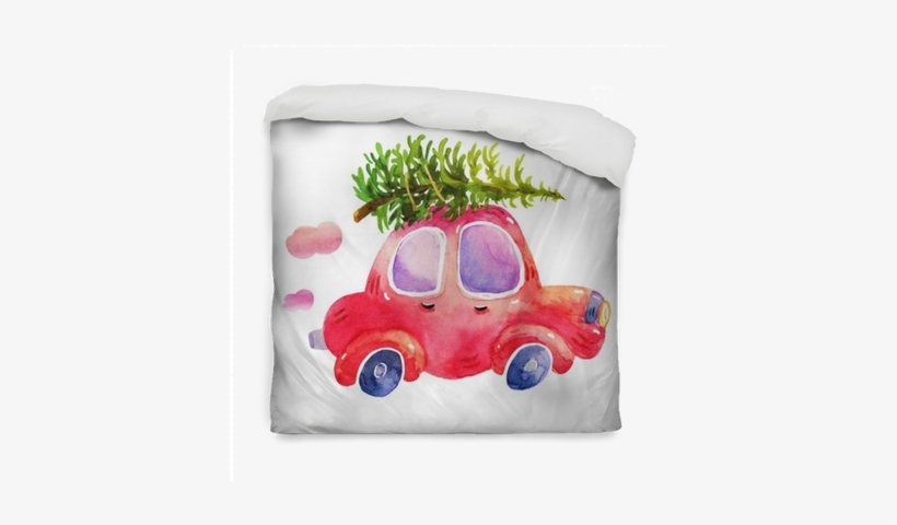 Watercolor Winter Retro Car With Christmas Tree Illustrations - Christmas Tree On Car Drawing, transparent png download