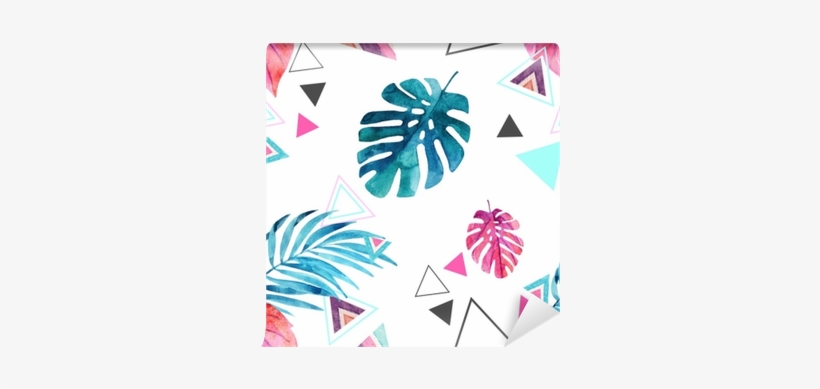 Abstract Watercolor Triangle And Exotic Leaves Seamless - Art Print: Tanycya's Tropical Leaves, 61x46cm., transparent png download