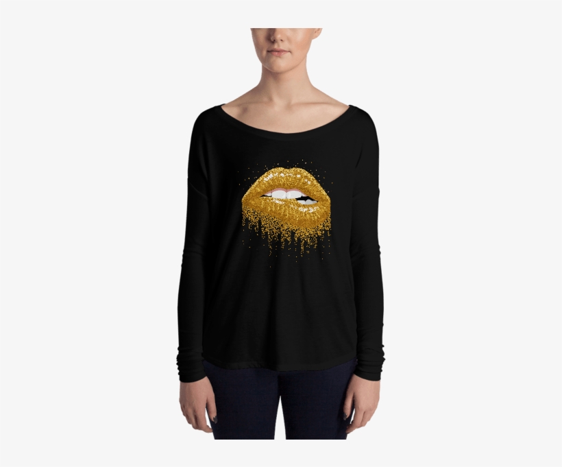 Ladies' Glitter Gold Sparkles Lips Long Sleeve Tee - Long-sleeved T-shirt, transparent png download