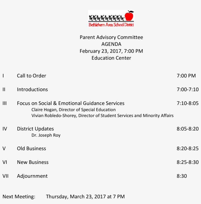 Parent Advisory Committee Agenda Main Image - Bethlehem Area School District, transparent png download