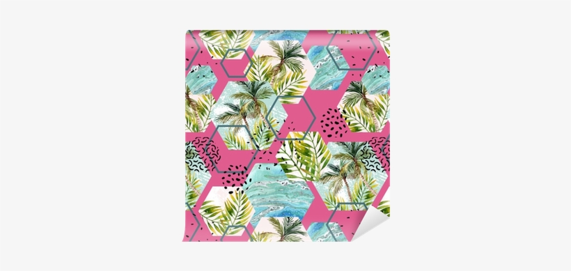 Watercolor Tropical Leaves And Palm Trees In Geometric - Watercolor Painting, transparent png download