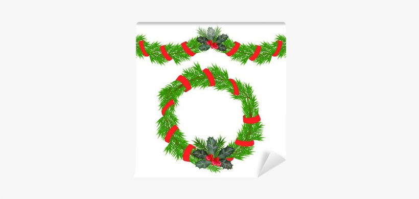 Christmas Garland And A Wreath With Holly Berries Wall - Ghirlanda Di Natale Vettorial, transparent png download