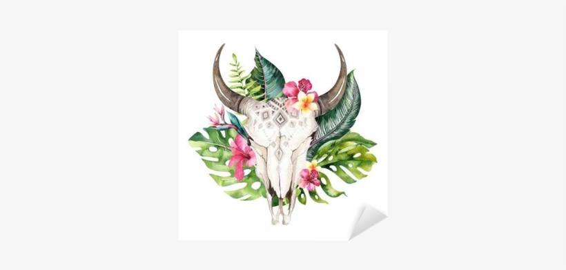 Watercolor Bohemian Cow Skull And Tropic Palm Leaves - Watercolor Cow Skull Boho, transparent png download