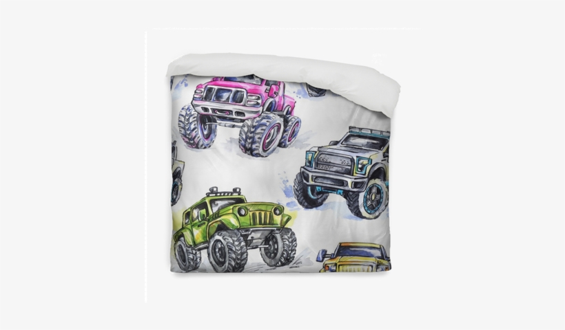 Watercolor Seamless Pattern Cartoon Monster Trucks - Vehicle, transparent png download