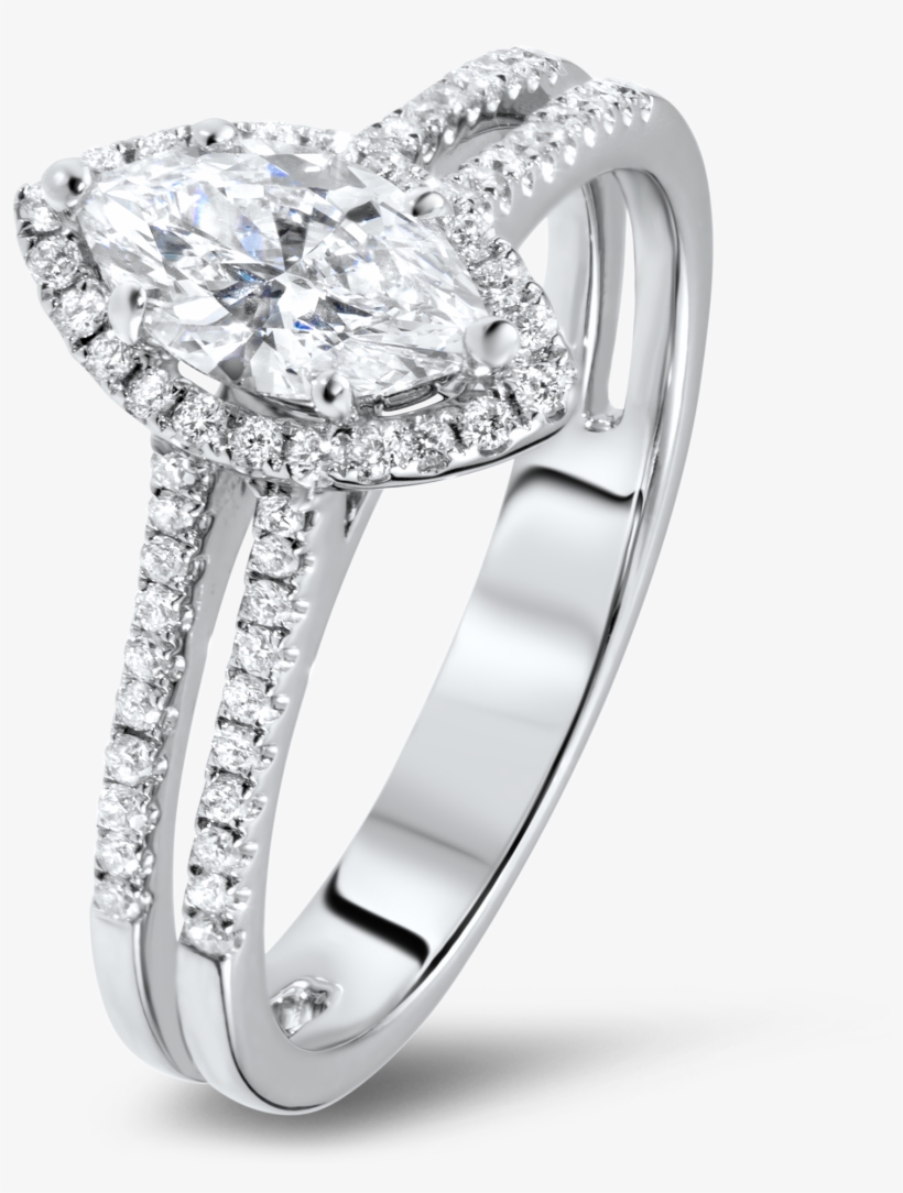 Diamond Ring In 18k White Gold - 1.00 Ct Maruise Shape Diamond 10k White Gold Halo Engagement, transparent png download