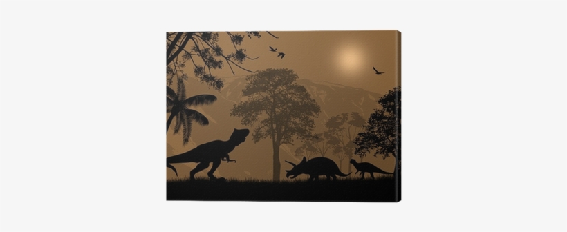 Dinosaurs Silhouettes In Beautiful Landscape Canvas - Illustration, transparent png download