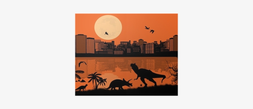 Dinosaurs Silhouettes In Front A City Scape Poster - Illustration, transparent png download