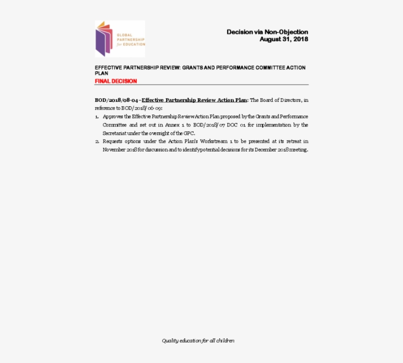 Board Decision Via Non-objection - Global Partnership For Education, transparent png download
