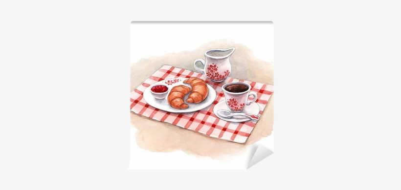 Watercolor Illustration Of Breakfast With Croissants - 早餐 水彩, transparent png download