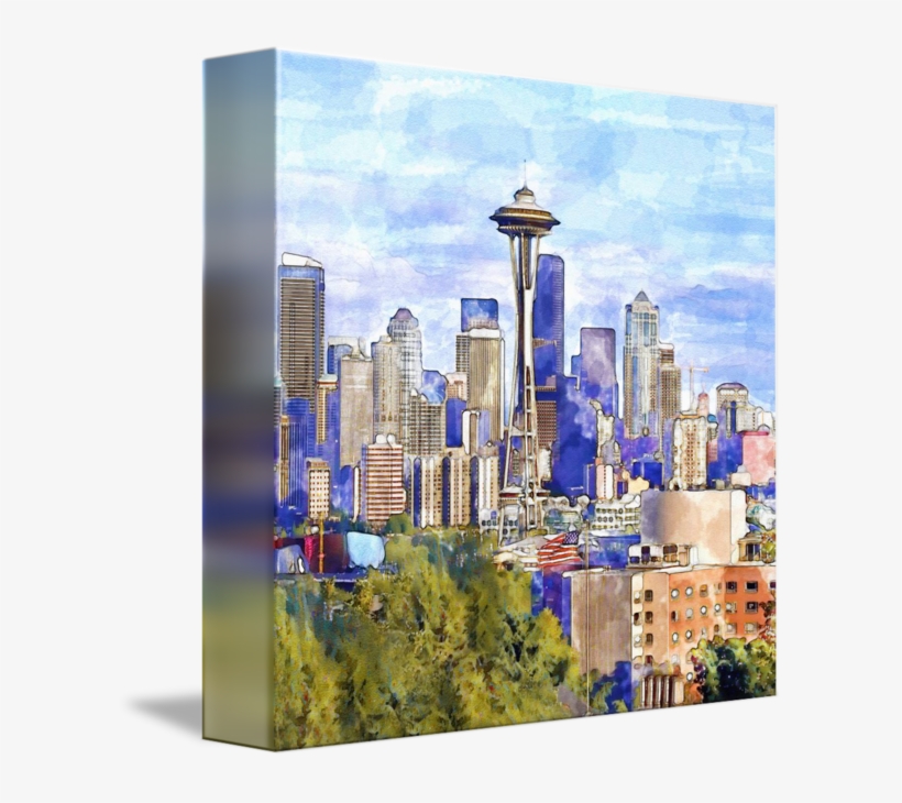 "seattle View In Watercolor" By Marian Voicu, - Cityscape, transparent png download
