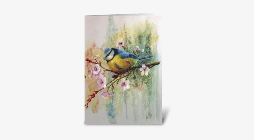 Blue Tit And Plum Blossoms Greeting Card - Acrylic Painting Blue Tit, transparent png download