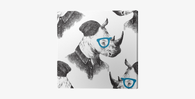 Seamless Pattern With Dressed Up Rhino Canvas Print - 'hipster Rhino In Black And White' Graphic Art Print, transparent png download