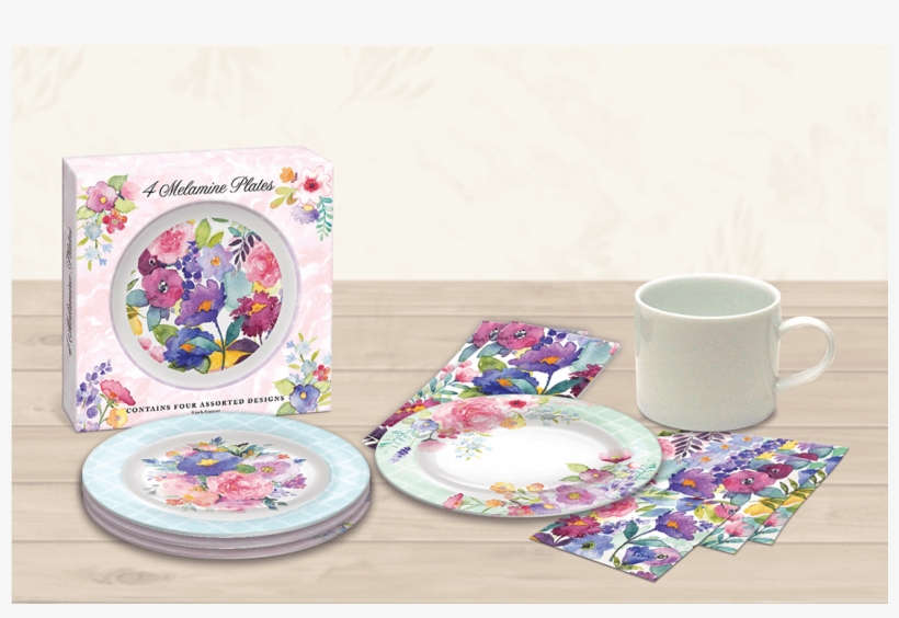 Floral Peacock Melamine Plate Set - - Punch Studio Peacock Floral Plate - Set Of Four, transparent png download