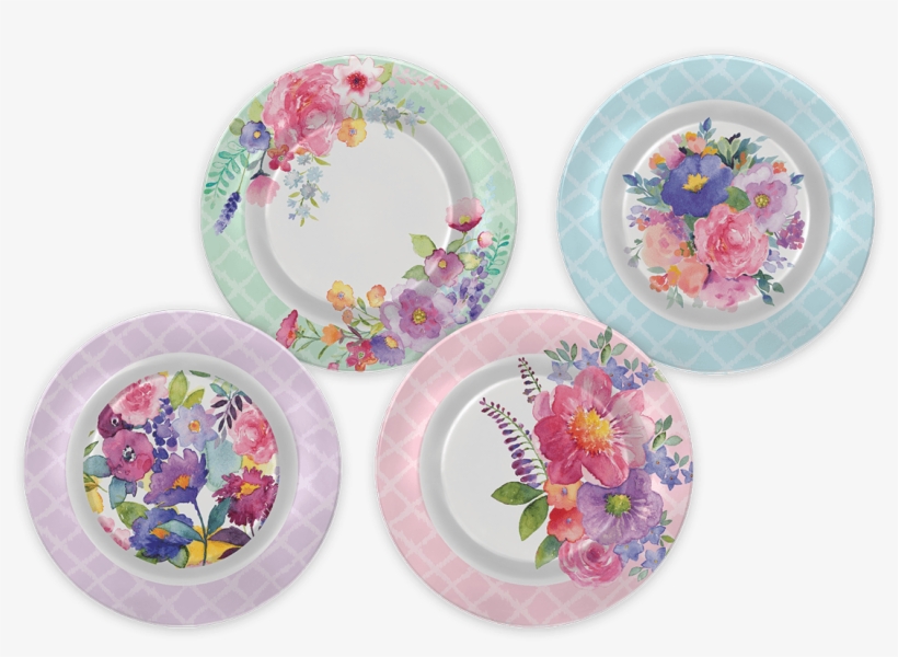 Floral Peacock Melamine Plate Set - - Punch Studio Peacock Floral Plate - Set Of Four, transparent png download