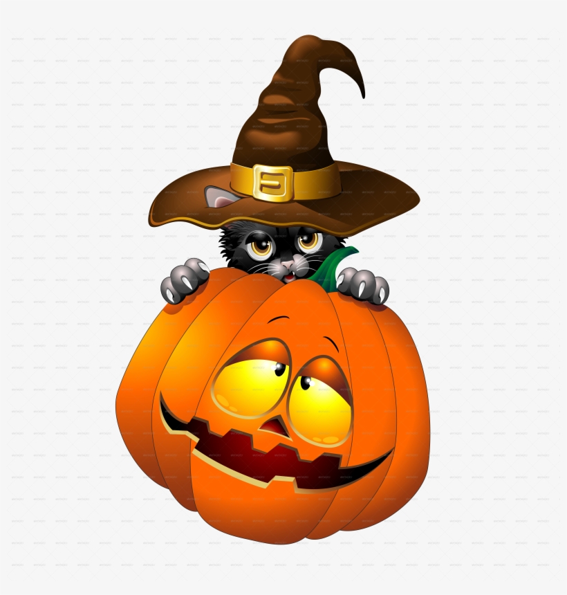 Halloween Black Kitten Cartoon With Pumpkin-jpg 2000 - Halloween Pumpkin Cartoon, transparent png download