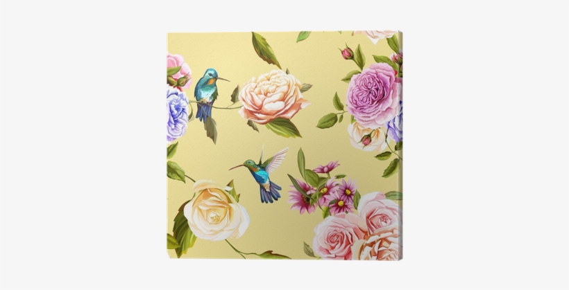 Humming Bird, Roses With Leaves On Yellow - Carta Da Parati Colibrì, transparent png download
