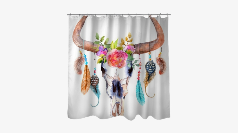 Watercolor Bull Skull With Flowers And Feathers Shower - Boho Skull, transparent png download