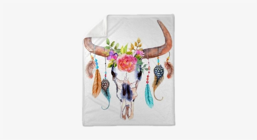 Watercolor Bull Skull With Flowers And Feathers Plush - Boho Cow Skull, transparent png download