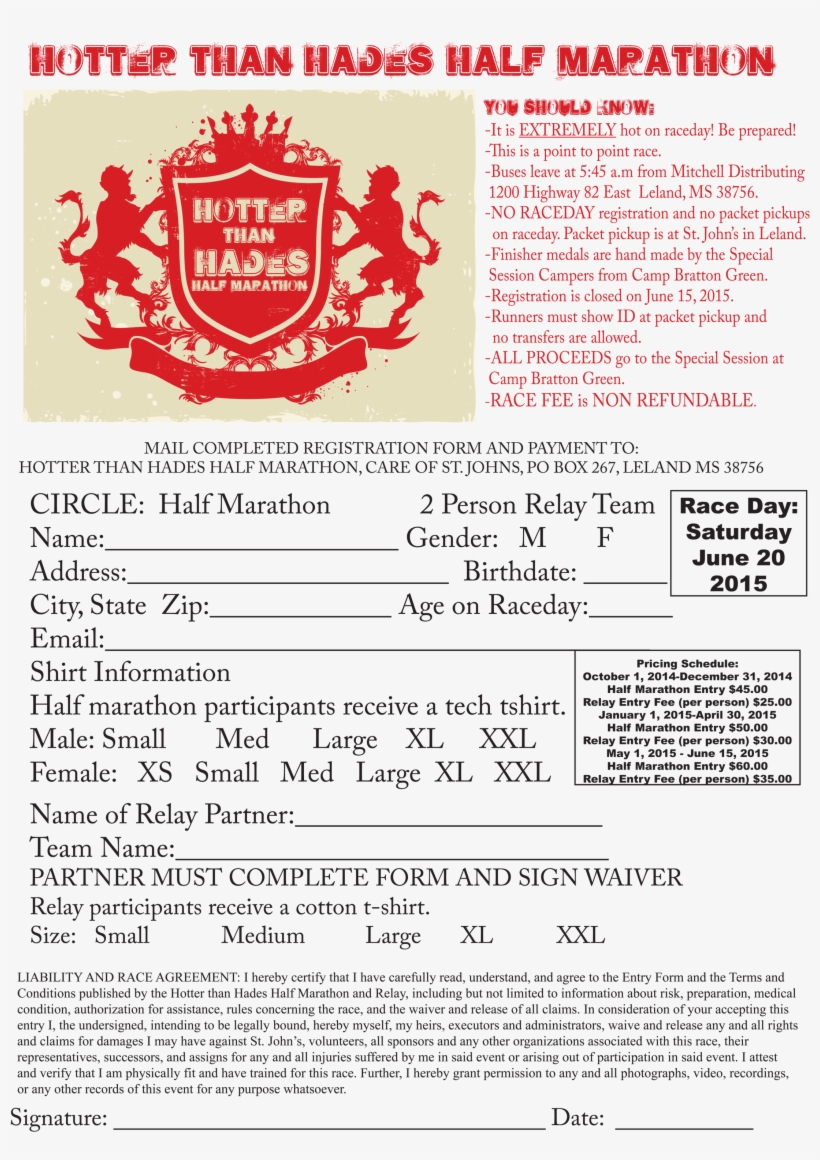 2015 Hotter Than Hades Half Marathon Entry Form - Shield, transparent png download