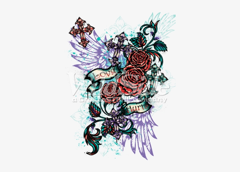 Love Hurts With Roses, Wings & Crosses - Drawing, transparent png download