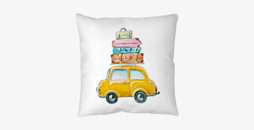 Hand Drawn Yellow Car With Suitcase On The Roof - Car Watercolor Clipart, transparent png download