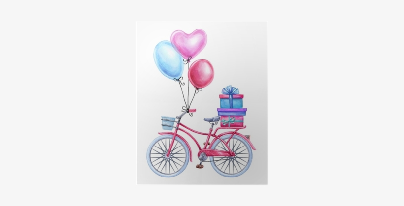 Watercolor Illustration, Bicycle, Balloons, Gift Boxes, - Balloons With Bike Clipart, transparent png download