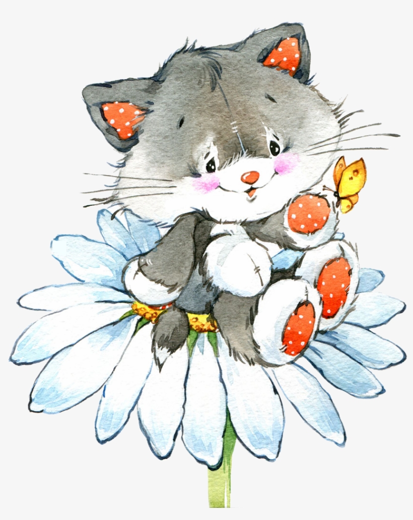 Cat Drawing Watercolor Painting Illustration - Giclee Painting: Int’l's Kitten On A Flower, 61x46in., transparent png download