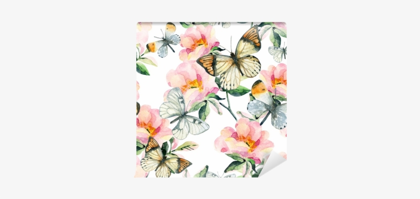 Watercolor Briar Flowers And Butterfly Seamless Pattern - Watercolor Painting, transparent png download