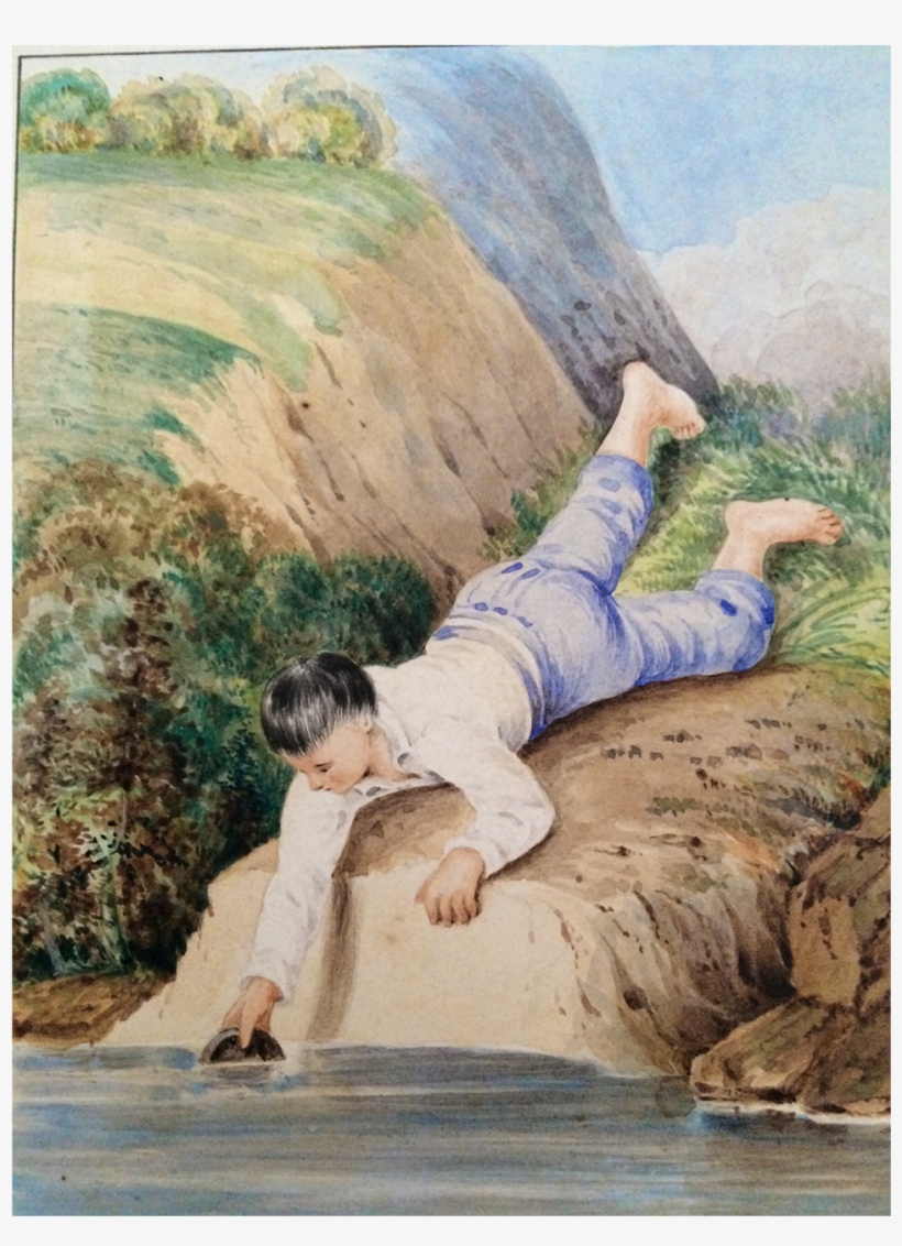 Watercolor Of Oriental Boy Drawing Water C - Drawing, transparent png download