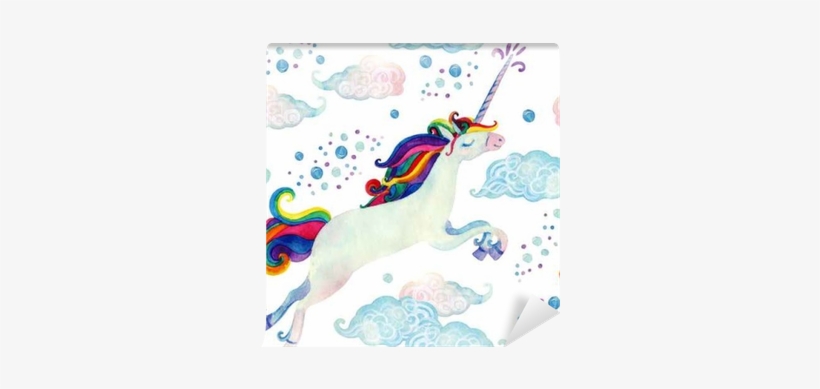 Watercolor Fairy Tale Seamless Pattern With Flying - Acuarela Unicornios, transparent png download