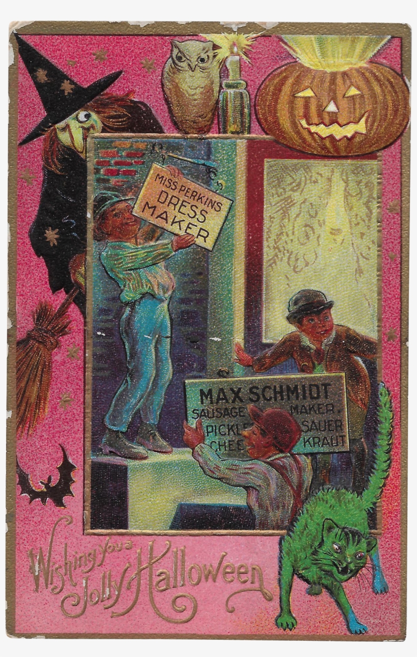 Vintage Halloween Postcard With Witch Jack O Lantern - Posterazzi Customshalloween Poster Print By Mary Evans, transparent png download