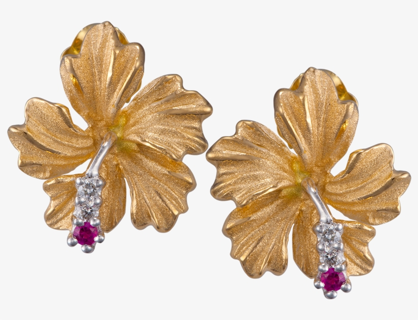 14k Yellow Gold Hibiscus Earrings - Colored Gold, transparent png download