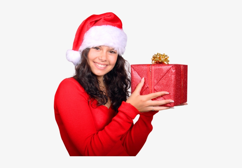 Girl With Red Santa Claus Hat Holding Gift Box Png - Girl Santa Claus Cap, transparent png download