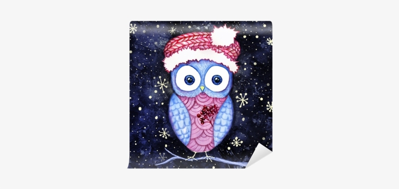 Cute Owl In The Santas Hat And Dogberry Winter Night - Duvar Kağıtları Şirin Bilgisayara, transparent png download