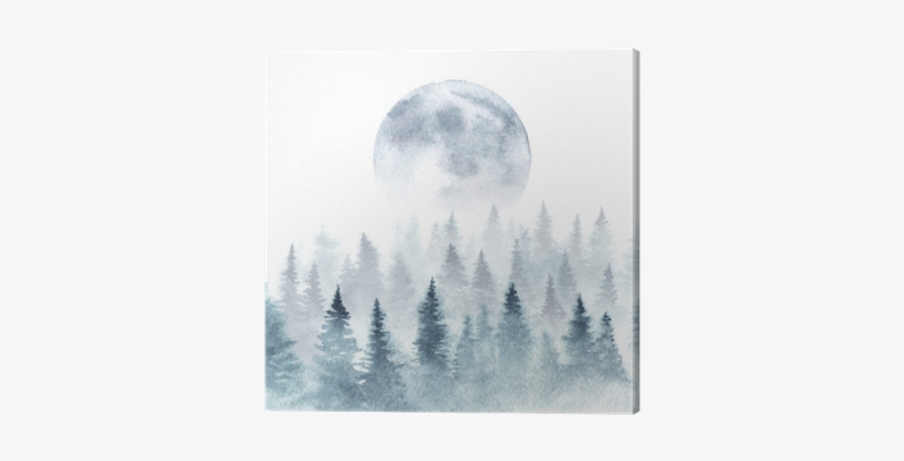 Landscape Of A Winter Forest And Rising Moon - Moon Watercolor Forest, transparent png download