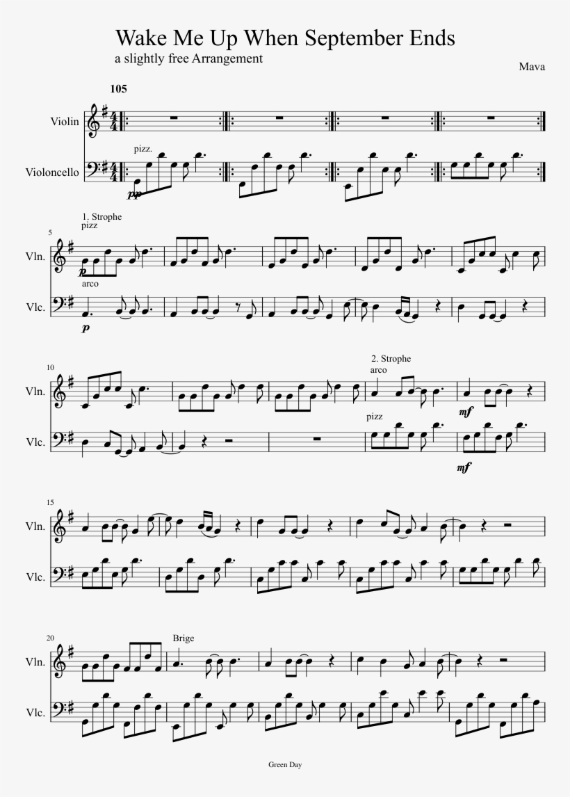 Wake Me Up When September Ends Sheet Music Composed - Горькая Луна, transparent png download