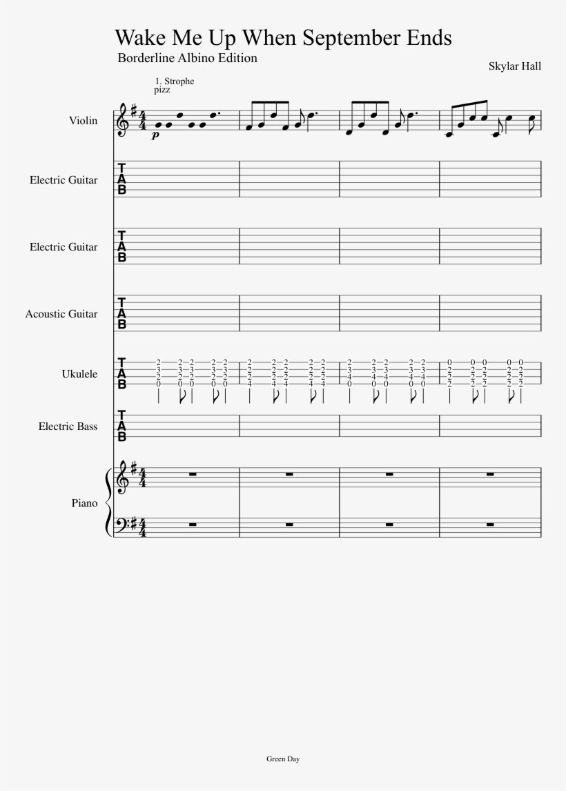 Wake Me Up When September Ends Sheet Music Composed - Sheet Music, transparent png download