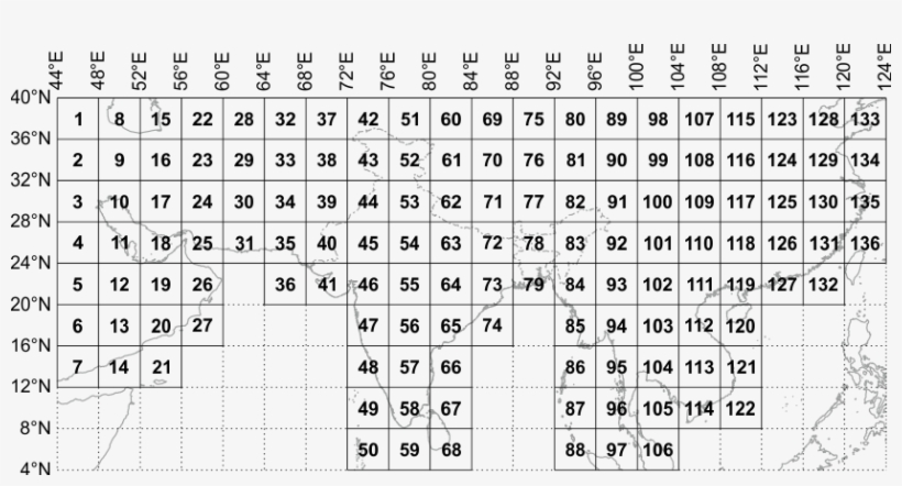 India And Adjacent Countries Map Numbering 4°×4° Index - Map Numbering System India, transparent png download