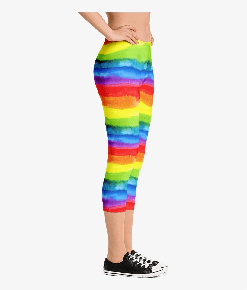 Women's Pride Watercolor Rainbow Print Capri Leggings - Leggings, transparent png download