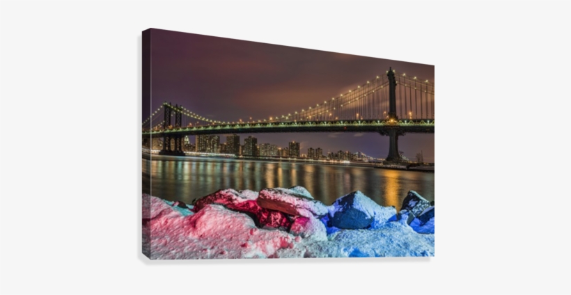 Manhattan Bridge By Snow-covered Rocks At Sunset, Brooklyn - Brooklyn Bridge At Sunset With Snow, transparent png download