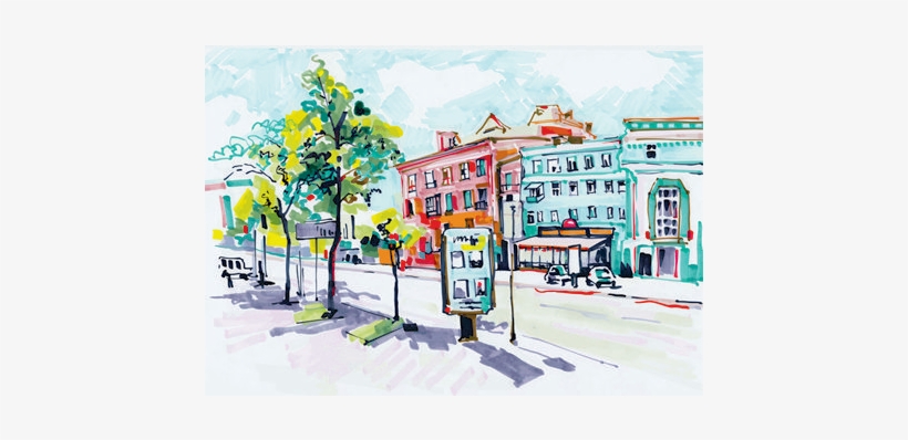 Blue Watercolour City Scene - Cityscape, transparent png download