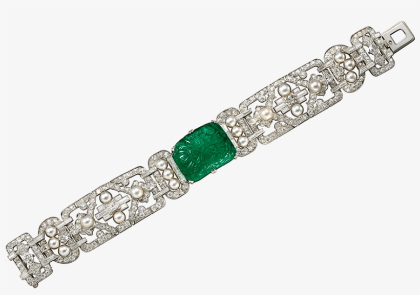 Platinum, One Carved Emerald , Natural Pearls, Diamonds - Solid 925 Sterling Silver Green Vintage Style Pearl, transparent png download
