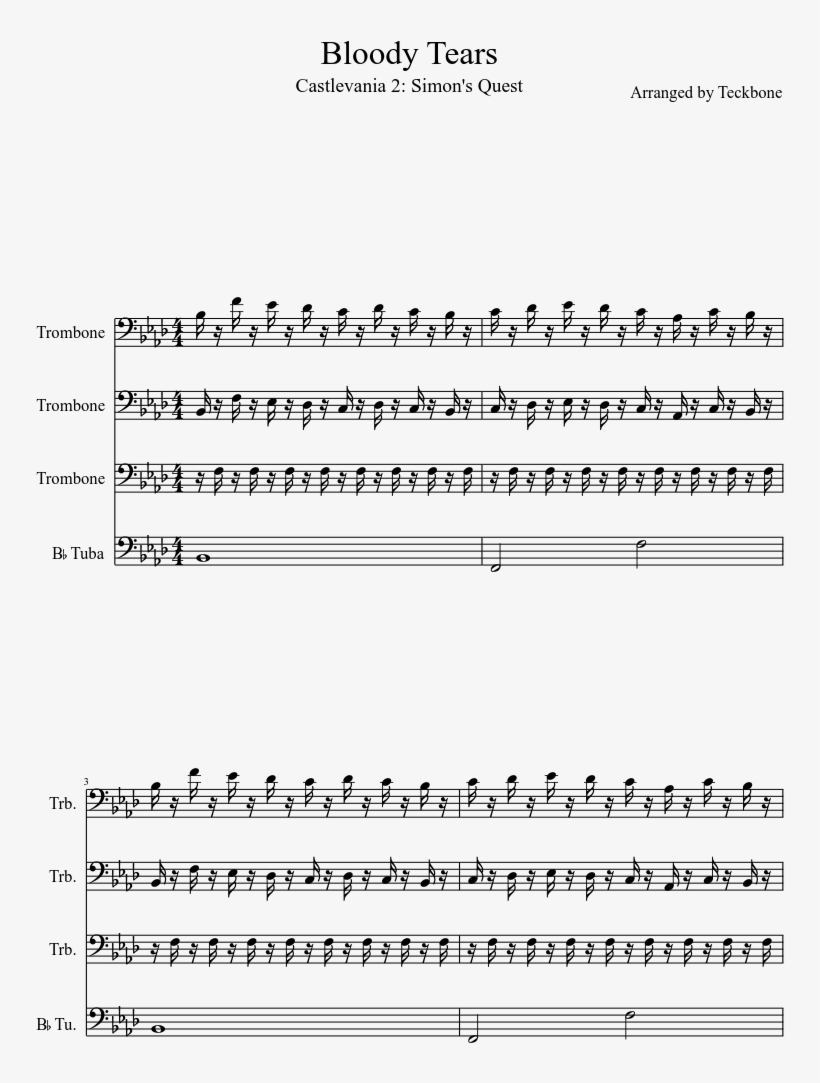 Bloody Tears Sheet Music Composed By Arranged By Teckbone - Castlevania Simon's Theme Music Sheet, transparent png download