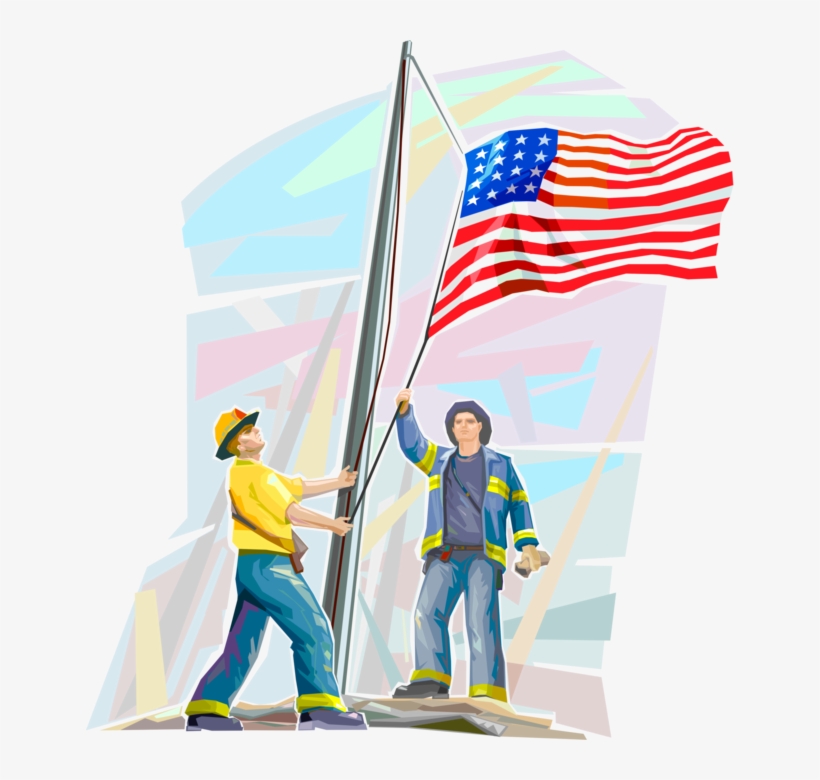 Vector Illustration Of Firefighters Raise American - September 11 Attacks, transparent png download
