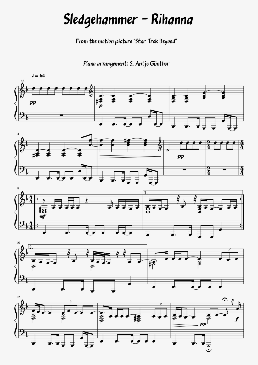 Rihanna Sheet Music 1 Of 4 Pages - Sledgehammer Score, transparent png download