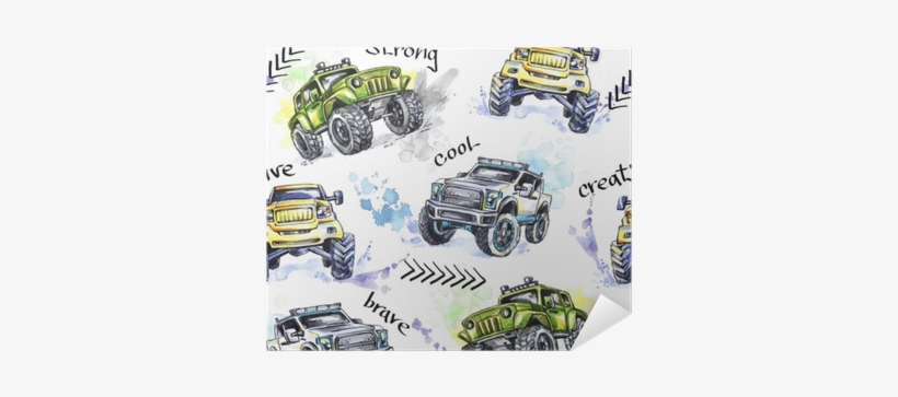 Watercolor Seamless Pattern Cartoon Monster Trucks - Watercolor Painting, transparent png download