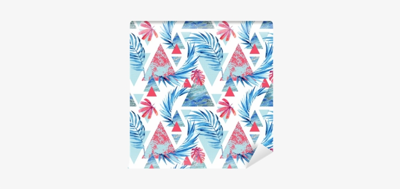 Abstract Watercolor Triangle And Exotic Leaves Seamless - Motif Tropical De Feuille D'aquarelle Abstraite Boîtier, transparent png download
