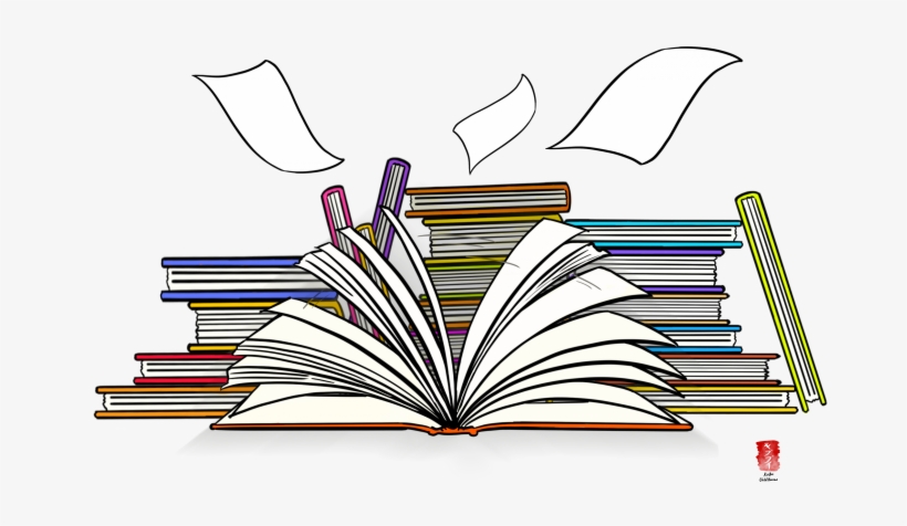 Illustration Shows Many Books Stacked Behind An Opened - Book, transparent png download
